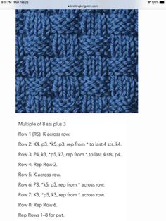 the knitting pattern is shown in blue and has instructions for how to knit it with two rows