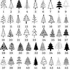 christmas trees are shown in black and white, with numbers on the bottom left side