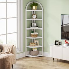 a corner shelf in the corner of a living room with a clock on it's side