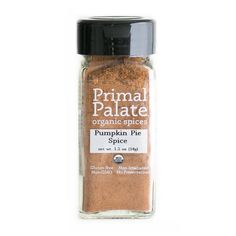 an image of a spice in a glass jar on a white background with the words, prima palate organic spices pumpkin pie spice