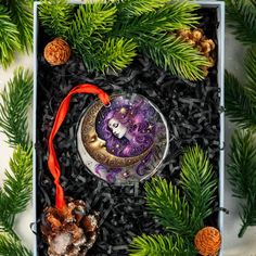 an ornament in a box surrounded by pine cones