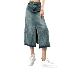 Introducing the 2023 Spring-Summer Collection's vintage urban style denim skirt the perfect fusion of conventional and contemporary!Why You'll Love ItThis long. high-rise skirt is crafted from premium quality denim. patterned to hug your cut without compromising on comfort. With its distinctive distressed pattern. it embodies the spirit of rebellion intertwined with chic sophistication. Seamlessly blending a resilient zipper and stylish button closure. you get both functionality and style.Key Hi Denim Midi Skirt For Summer, Trendy Denim Blue Midi Skirt, Casual Denim Midi Skirt, Relaxed Fit High Waist Denim Skirt, High Waist Denim Skirt With Relaxed Fit, Trendy Denim Midi Skirt, Relaxed Fit Denim Skirt With Straight Leg, Summer Washed Wide Leg Denim Skirt, Trendy Denim Skirt With Relaxed Fit