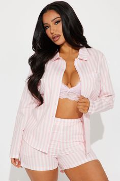 Available In Black/White And White/Pink. 2 Piece PJ Set Long Sleeve Collared Shirt Button Front Chest Pocket Matching Shorts Elastic Waistband Non Stretch Final Sale 100% Cotton Imported | Chill Era Poplin PJ Short Set in White/Pink size Large by Fashion Nova Jayda Wayda Pajamas, Cute Pink Pjs, Pink Pajamas Aesthetic, Cute Pajamas Aesthetic, Sleeping Clothes, Pink Pajama Set, Pink Pjs, Cute Online Clothing Stores, Bride Pajama