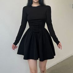 Spring Gothic A-line Dress, Gothic A-line Mini Dress For Spring, Spring Gothic A-line Mini Dress, Gothic Spring A-line Mini Dress, Gothic Mini Length Dresses For Fall, Casual Cotton Evening Dress, Casual Fitted A-line Long Sleeve Dress, Gothic Cotton Mini Dress, Black Dress Elegant