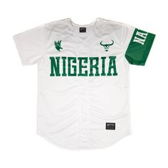 a white jersey with green lettering on the front and side, which reads nigeria