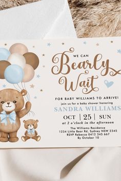 a teddy bear baby shower is shown with balloons