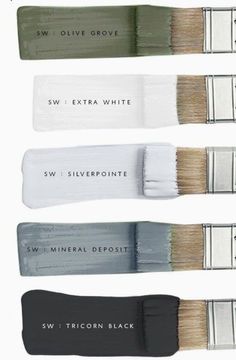 four different colors of paint brushes with the names of each brush on them, all labeled in black and white