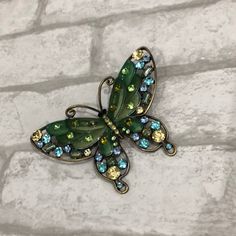 4”X 3”. Butterfly Green Antique Gold Adorned With Different Color Gems. Never Worn, Purchased At An Estate Sale. Spring Green Brooch Gift, Green Spring Brooches As Gifts, Green Spring Brooches Perfect As A Gift, Green Spring Gift Brooches, Green Antique, Largest Butterfly, Butterfly Brooch, Colored Gems, Estate Sale