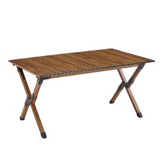 a wooden table with two crossed legs and a wood top on an isolated white background