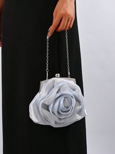 Elegant Women's Rose Flower Evening Clutch Bag, White, For Formal Occasions, Parties, Wedding, Dress-Up, With Chain Strap, Bride Handbag Grey Glamorous   Satin Plain,Plants Ruched Bag   Women Bags, size features are:Bust: ,Length: ,Sleeve Length: Formal Clutches, Wedding Bag For Bride, Rose Clutch, Formal Clutch, Prom Bag, Wedding Handbag, Rhinestone Jewelry Set, Rose Bag, Bridal Handbags