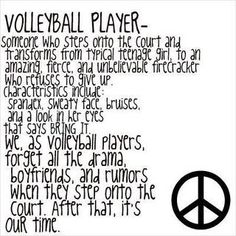 a peace sign with the words volleyball player written in black and white on an old paper background