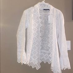 Light Weight Lace Detailed Cardigan. New W/ Tags Elegant White Cardigan For Daywear, White Long Sleeve Cardigan For Brunch, White Long Sleeve Brunch Cardigan, Elegant White Open Front Top, Elegant White Open Front Cardigan, Elegant White Cardigan For Day Out, White Long Sleeve Cardigan, Varsity Cardigan, White Sweater Cardigan