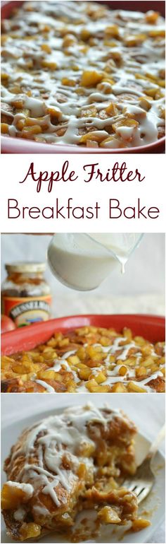 an apple fritter breakfast bake is shown in three different pictures with the title above it