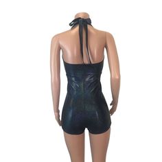 Made of our black holographic spandex, this halter romper hugs the body, but offers plenty of stretch. The halter top ties at the back of the neck. Our seamless front design is extremely comfortable and prevents camel toe. Wear this to a rave, to a festival, or an aerial performance. Fitted T-back Halter Top For Night Out, Summer Party High Neck Bodysuit, High Neck Bodysuit For Summer Parties, Black High Neck Halter Top For Night Out, Metallic Fitted Halter Top For Summer, Stretch Halter Neck Jumpsuits And Rompers For Night Out, Halter Neck High-stretch Bodysuit For Night Out, Stretch Halter Neck Jumpsuit For Club, Fitted Halter Neck Party Bodysuit