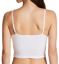 Soft, premium cotton camisole has adjustable straps and a comfortable all-fabric shelf bra for light support. Wire-free shelf bra band around interior has a seamless front that's ruched at the bottom to allow fabric to expand for a comfortable stretch fit. Scoop neckline has covered elastic along the edge to hold fit in place. Soft, sewn-on elastic underband lies flat against the skin and keeps fit close and secure. Cropped length extends to just above mid-section. Shelf bra extends along top of Cotton Cami Crop Top With Built-in Bra, Camisole With Removable Bra Pads And Wide Straps, Cotton Stretch Sports Bra With Adjustable Straps, Cotton Camisole With Built-in Bra And Tank Straps, Bra Friendly Camisole With Tank Straps, Solid Bra With Adjustable Wide Straps, Solid Camisole With Removable Bra Pads, Fitted Cotton Sports Bra With Adjustable Straps, Camisole With Removable Bra Pads