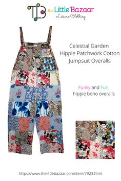 Funky and fun hippy boho overalls with two deep pockets on the side and a side zipper Adjustable length shoulder straps with two button options One free size fits a small up to a large, the fit will differ across size from slouchy to straight #bohodress #hippiestyle #patchwork Bohemian Cotton Jumpsuits And Rompers For Spring, Spring Multicolor Cotton Jumpsuits And Rompers, Casual Cotton Jumpsuits And Rompers With Patchwork, Casual Cotton Jumpsuit And Romper With Patchwork, Casual Cotton Jumpsuit With Patchwork, Casual Sleeveless Patchwork Overalls, Multicolor Cotton Overalls For Summer, Casual Patchwork Jumpsuits And Rompers For Spring, Bohemian Cotton Overalls For Spring