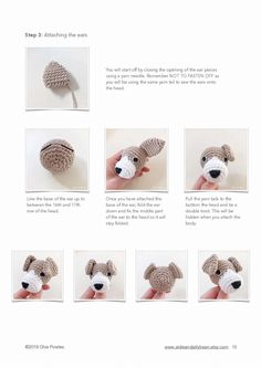 instructions to crochet a dog's head and ears for the doll or stuffed animal