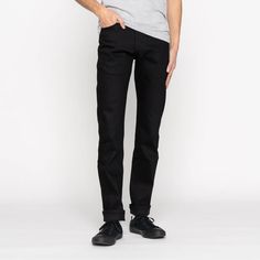 Weird Guy - All Black Comfort Stretch | Naked & Famous Denim – Tate + Yoko Modern High Rise Black Jeans, Black Mid-rise Modern Jeans, Modern Black Mid-rise Jeans, Stretch Rigid Denim Jeans Casual, Classic Fitted Jeans For Streetwear, Casual Stretch Jeans In Rigid Denim, Dark Wash Stretch Urban Pants, Urban Stretch Dark Wash Pants, Urban Style Stretch Dark Wash Pants