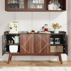 a kitchen with wooden cabinets and shelves filled with dishes on top of each shelf next to a coffee maker