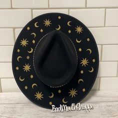 Reposhing This Item I Purchased From @Badmouthshoppe. Loved It, But Ready To Rotate For Something New. Questions? Leave A Comment Below! For Sale Or Trade! Custom Black Hat For Festival, 90s Vibes, Gold Sun, Embroidered Hats, Black Hat, Wide Brimmed Hats, Brim Hat, Sun Moon, Wide Brimmed