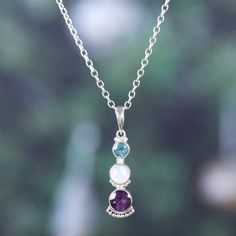 A blue topaz, a rainbow moonstone and an amethyst jewel combine their heavenly vibes in the sublime pendant dangling from Narayannii's sterling silver necklace. Directly from India, the accessory features a polished finish that enhances its unique beauty, making it the perfect complement to an elegant outfit. Pearl Anklet, Topaz Color, Unique Beauty, Gemstone Necklace Pendant, A Rainbow, Elegant Outfit, Sterling Silver Necklace, Jewelry Gift Box, Rainbow Moonstone