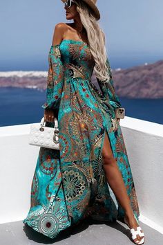 Travel Life Baroque Off Shoulder Maxi Dress – ricidress Mode Prints, Holiday Maxi Dress, Boho Beach Dress, Off Shoulder Fashion, Moda Boho, Printed Long Dresses, Maxi Robes, Floral Print Maxi Dress, Floral Print Maxi