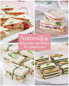 there are many different sandwiches on the plate and one has strawberries, cucumbers, and mints