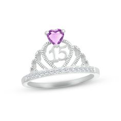 Make her feel majestic on her special day with this sparkly crown ring crafted in sterling silver. A heart-shaped amethyst – the birthstone of February – shines atop the design. The number 15 gleams inside the heart-shaped center, while a line of white lab-created sapphires shimmer on the band to finish the look. Heart-shaped Birthstone Wedding Ring, Heart-shaped Adjustable Birthstone Wedding Ring, Adjustable Heart-shaped Birthstone Wedding Ring, Heart Shaped Sterling Silver Birthstone Ring For Birthday, Sterling Silver Heart-shaped Birthstone Ring For Birthday, Birthday Heart Cut Birthstone Jewelry, Heart Cut Birthstone Jewelry For Birthday, Heart Cut Birthstone Rings For Birthday, Elegant Purple Heart Ring For Anniversary