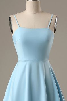 Simple Blue Open Back A Line Homecoming Dress A Line Homecoming Dress, Simple Homecoming Dresses, Dress Display, Satin Homecoming Dress, Prom Dresses With Pockets, Lace Prom Dress, Linnet, Dress Size Chart, Homecoming Dress