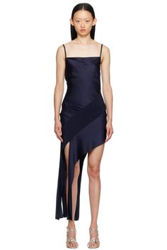 Helmut Lang: Navy Slash Minidress | SSENSE Helmut Lang Dress, Silk Satin Dress, Guest Attire, Wedding Attire Guest, Trending Fashion, Going Out Outfits, Top Trending, Satin Dress, Helmut Lang