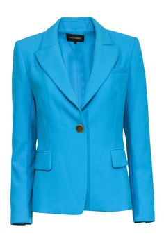 Current Boutique-Kobi Halperin - Turquoise Blazer w/ Padded Shoulders Sz S Chic Blue Blazer With Hidden Button Closure, Turquoise Long Sleeve Outerwear For Work, Turquoise Outerwear For Work In Fall, Chic Blue Career Blazer, Turquoise Blazer, Kobi Halperin, Work Wardrobe, Cuff Sleeves, Color Pop