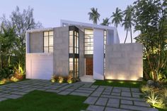 a rendering of a modern house in the evening with palm trees and shrubs surrounding it