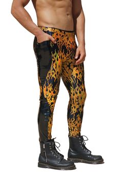 The Blaze Meggings with pockets are literally fire! Get ready to set the dance floor ablaze in these holographic black and gold mens spandex pants. These leggings are the first of our new and improved design. They now feature an elastic waistband (to prevent any sagging or slipping over textured boxer shorts) and a stretchy loop in back so you have somewhere to hang your shirt on hot festival days. FEATURES: High Quality black and gold holographic flame print, Blaze fabric Available with your ch Mens Rave Outfits, Holographic Black, Phone Essentials, Gloves Dress, Spandex Pants, Mens Leggings, Rave Outfits, Boxer Shorts, The Dance