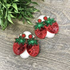 Sequin and Beaded Strawberry Earrings - Tropical, Fruity! Fun & Stylish! Red and green! Lightweight! Perfect 2 1/2 inch length! Post back! Fun Green Beaded Earrings For Party, Red Beaded Earrings For Holiday Party, Handmade Red Beaded Earrings For Holiday, Holiday Red Beaded Earrings, Holiday Red Handmade Beaded Earrings, Fun Red Beaded Earrings For Party, Fun Red Beaded Jewelry, Red Beaded Earrings For Christmas Party, Fun Red Beaded Earrings For Gift