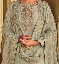 Dusty Sage Green Designer Embroidered Silk Wedding Sharara Suit-Saira's Boutique Green Indian Outfit, Wedding Sharara Suit, Wedding Sharara, Dusty Sage Green, Embroidered Buttons, Organza Suits, Resham Embroidery, Churidar Suits, Dusty Sage