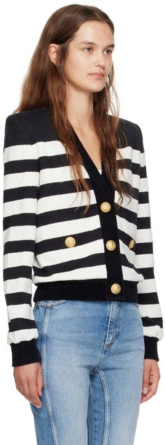 Knit acrylic- and cotton-blend cardigan. Stripes throughout. · Fleece trim at Y-neck, hem, and cuffs · Press-stud closure · Patch pockets · Padded shoulders · Full jersey lining Supplier color: Noir/Blanc Long Sleeve Cardigan With Striped Cuffs For Fall, Fall Cardigan With Striped Cuffs And Long Sleeves, Winter Cardigan With Striped Cuffs And Long Sleeves, Winter Long Sleeve Cardigan With Striped Cuffs, Long Sleeve Cardigan With Striped Cuffs For Winter, Stripe Cardigan, Striped Cardigan, Knitwear Cardigan, Press Studs