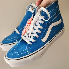 Vans Sk8-Hi Sneakers Blue Brand New With Tags Attached Womens Sizing Listed (Can Also Be Converted To Mens Sizing) Blue Blue Skate Shoes With Rubber Sole For Spring, Blue Skate Shoes With Rubber Sole, Spring Blue Skate Shoes With Rubber Sole, Blue Skate Shoes For Spring, Blue Casual High-top Sneakers With Laces, Blue Lace-up Casual Skate Shoes, Blue Casual Lace-up Skate Shoes, Casual Blue Lace-up Skate Shoes, Blue High-top Skate Shoes With Laces