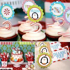 a penguin themed birthday party with cupcakes and candy