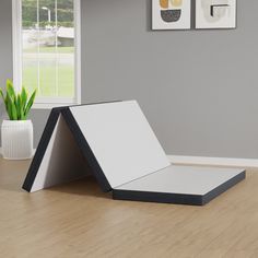 an open box sitting on top of a hard wood floor next to a potted plant