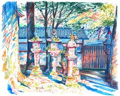 colored pencil drawing of two fire hydrants in front of a fenced area with trees