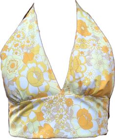 Spring Yellow Triangle Halter Top, Yellow Triangle Top For Spring, Yellow Triangle Halter Top For Spring, Fitted Summer Tops With Retro Print, Yellow Halter Neck Top For Vacation, Yellow Triangle Halter Top For Summer, Yellow Retro Print Top For Summer, Summer Floral Print Triangle Halter Top, Summer Triangle Halter Top With Floral Print