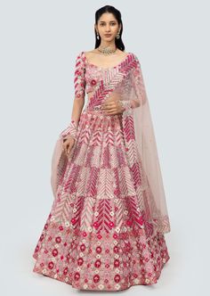 Cerise pink applique and embellished heavy kali mirror work tissue lehenga with broad lehenga border, blouse and broad border net dupatta. Kali Lehenga, Tissue Lehenga, Lehenga With Blouse, Pink Lehenga, Cerise Pink, Net Dupatta, Mirror Work, New Launch, Indian Outfits