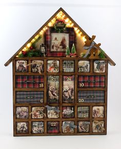 a wooden house decorated with pictures and lights