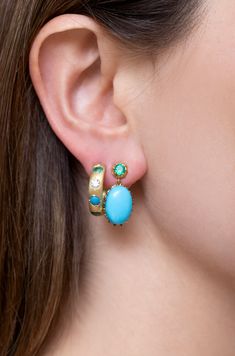 18K Yellow Gold Hoops with Turquoise, Emeralds and Diamonds Turquoise Hoops, Turquoise Hoop Earrings, Turquoise Drop Earrings, Coral Earrings, Emerald Earrings, Gold Hoops, Fine Jewellery Earrings, Ear Piercings, Gold Diamond