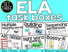 four posters with the words ela, task boxes and other activities to help students practice spelling