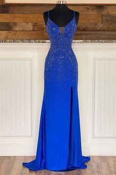 Fitted Gown With Customizable Length For Prom, Customizable Length Fitted Gown For Prom, Fitted Bodice Mermaid Dress With Sweep Train For Pageant, Mermaid Dress With Sweep Train For Pageant, Fitted Sleeveless Mermaid Dress For Pageant, Fitted Mermaid Dress With Mermaid Hem For Pageant, V-neck Pageant Dresses For Prom Season, Royal Blue Fitted Dress For Pageant, Fitted Mermaid Dress For Pageant