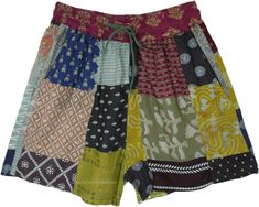 An easy way for hippie vibes this summer!These green overdye shorts are made up of multiple pieces of recycled fabric that have been hand sewn together and then overdyed in light green color.  The soft eye-catching color tone of these rayon shorts has a beautiful assortment of multi-pattern patchwork, that come together for a great look. #tlb #beachwrap #Indian #Handmade #HippieShorts #BeachShorts #PatchworkShorts Hippie Shorts, Hippie Aesthetic, Patchwork Shorts, Light Green Color, Earthy Outfits, Hippie Look, Trendy Skirts, Beach Wrap, Hippie Vibes