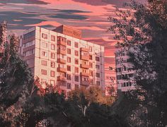 a painting of an apartment building with trees in the foreground and clouds in the background