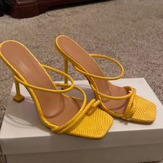 Brand New Fitted Yellow Heels With Wrapped Heel, Fitted Yellow Synthetic Sandals, Casual Fitted Heels With Square Toe, Casual Square Toe Heels, Shoes Shein, Shein Shoes, Yellow Heels, Shoes Women Heels, Shoes Heels