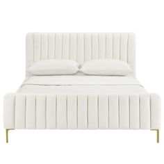 a white bed with two pillows on top of the headboard and foot board, in front of a white background